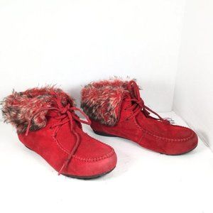 Kalli Red Faux Fur Ankle Boots Booties Laced-Up Size 9